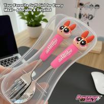 Powerpuff Girls Cutlery Set, Stainless Steel Spoon and Fork, Silicone Non-slip Handle, Portable Dessert Cutlery with Storage Box. Large transparent box gray