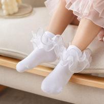 Girls' Dance Socks with Lace Trim - Breathable Combed Cotton Princess for Dance, Performance and Daily Wear L white