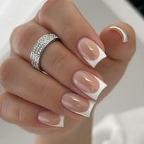 Nude Press-On Nails with White Edges – Simple Rectangular Nail Tips and Stickers JP2812 [Glue Type] brown