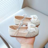 Little Girls Mary Janes for Wedding Party Shiny Pearls Beading with Big Crystal Glitter Kids Flats Children Fashion Shoes Sweet 25 gray