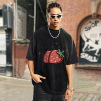 Y2K Style Round Neck Shirts Washed T-shirt Red Strawberry Print Top Summer Clothes 2024 Vintage Unisex Short Sleeve 3XL įvairiaspalvis