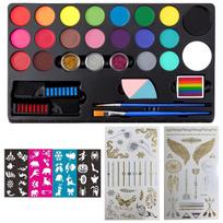 Store2508 Face Body Paint Kit for Kids - 20 Colours Non-Toxic Water Based Face Painting Set with Glitter Hair Chalk Brushes Sponges Stencils and Tat blue