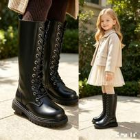 Girls High Shaft Martin Boots With Side Zipper Lace-Up Detail Casual Leather-look Winter Shoes EU 28 white