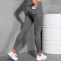 Women High Waist Yoga Gym Cargo Pocket Pant Fashion Tummy Control Athletic Pants Skinny Stretch Streetwear Sport Leggings L pilka