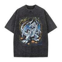Yu-Gi-Oh! Blue-Eyes White Dragon T-shirt Summer Short Sleeve Oversized Tee Shirt Vintage Washed Cotton Tops Men's Clothing M black