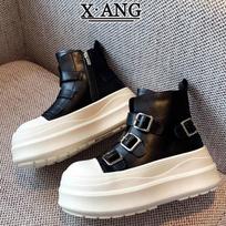 Leather Martin boots women's muffin thick sole heightening small short boots autumn and winter new casual high-top shoes women 40 gray