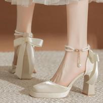 Little Mary Jane high heels thick heel champagne with skirt one-word buckle with new Chinese cheongsam bridesmaids sandals 37 gray