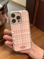 Korean Pink Brown Grid Phone Case for iPhone 17 16 15 14 13 12 11 Air Pro Max X XR XSMAX 8 7 Plus Luxury Clear Soft Back Cover iPhone 11 beige