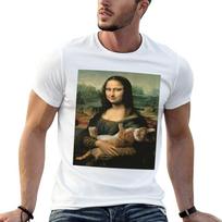 Mona Lisa by Leonardo Da Vinci feat. cat T-Shirt Casual Loose Short Sleeve Tee for Men S black