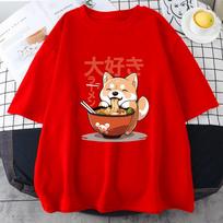 Shiba Inu Enjoying Ramen T-shirts 100% Cotton High Quality Summer Tee-shirt Casual Women/Men Kawaii Tshirt Cute Girls Shirts XS（old） raudona
