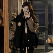Lazy Style Baseball Jacket for Women In Autumn Spring Plush and Thickened Fashion Retro Loose Fitting Jacket M black