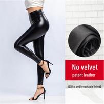 Moteriškos rudens žiemos aukšto juosmens PU odos kelnės - didelio dydžio, elastinės, prigludusios, liekninančios, siauros kojos kelnės Matte Thin Fleece black