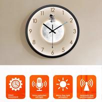 Voice Controlled Light Sensing Living Room LED Wall Clock Household Silent Number Clock Restaurant Bedroom Hang Watch Room Decor (as the picture,30.5X30.5CM) gray