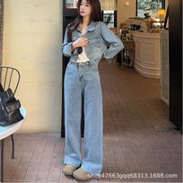Hong Kong style retro fashion denim suit women's 1116 spring and autumn new sweet and cool short jacket wide-leg trousers two-piece set trendy M gray
