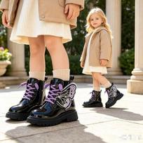 Girls Winter Martin Boots With Wing Detail Black Pink Fleece-Lined Short Kids 4-16 Years EU 29