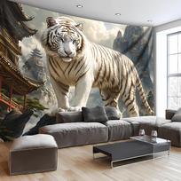 Majestic White Tiger Tapestry Wall Hanging, Chinese Ancient Architecture And Mountain Landscape, Mythical Animal Art Decor 70x100cm28x39in gray