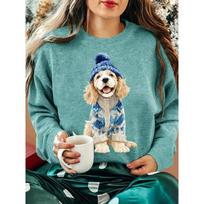 2026 Women's New Cocker Spaniel Watercolor Print Round Neck Long Sleeve T-Shirt XL blue