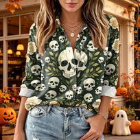 Women's Halloween Print Long Sleeve Button Down Shirt with Double Pockets Casual Blouse Top XL brown
