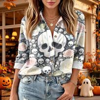 Women's Halloween Print Long Sleeve Button Down Shirt with Double Pockets Casual Blouse Top XXL
