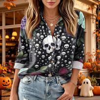 Women's Halloween Print Long Sleeve Button Down Shirt with Double Pockets Casual Blouse Top XXL gray