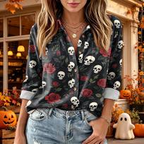 Women's Halloween Print Long Sleeve Button Down Shirt with Double Pockets Casual Blouse Top L gray