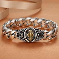 Cuban Bracelet Men's Domineering Hip-hop Personalized Men's Light Luxury High-end Retro Wide Cross Pattern Flat Chain 22cm black
