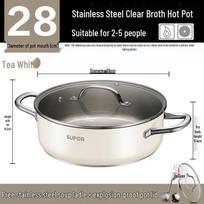 Supor Thickened 304 Stainless Steel Dual-Sided Shabu-shabu Pot, Large Capacity, No Coating Includes Soup Ladle and Skimmer, 28cm Diameter gray