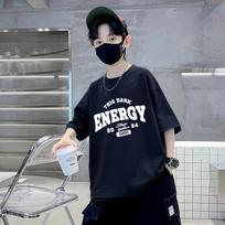 Kids Boys Girls Letter Print Cotton Casual Loose Round Neck Short Sleeve T Shirt 170CM tamsiai mėlyna spalva