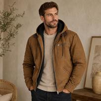 Fashion Men Hooded Winter Coat Soft Fleece Inner Lining Zip Front Jacket, Comfort Fit Cold Weather Outer Garment for Daily Urban & Casual Lifestyle M abrikosas
