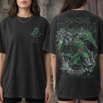 Vintažiniai Daktaro Doom marškinėliai, Retro superherojų piktadario marškinėliai, Dr Doom komiksų grafikos marškinėliai, Fantastiškojo ketverto superherojų marškinėliai, Dovana gerbėjui XL gray