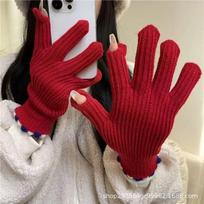 Jelly bean wool knitted gloves, winter women's thick fingers can be exposed to keep warm, five fingers cycling red