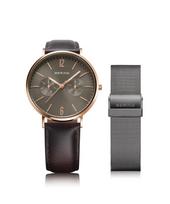BERING Men's & Women's (Unisex) Watch, Japan Exclusive, Brown Calf Leather & Gray Stainless Steel with Two Mesh Straps, Sapphire Crystal, Changes, gray