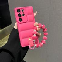Down Jacket Style Phone Case with Plush Pearl Wrist Strap For Samsung Galaxy S26 S25 S24 Ultra S23 FE S22 S21 Plus A17 A07 A56 Galaxy S26 Ultra