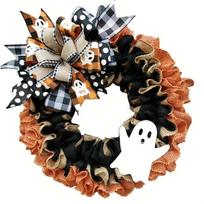 Halloween Ghost Burlap Wreath Front Door Hanging Decor with Bow Spooky Party Garland 40x40x5cm black