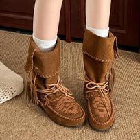 Bohemia Tassel Stitching Decoration Riding Boots Women Autumn Soft Wedge Heel Western Cowboy Boots Sexy Suede Wandering Shoes 39 ruda