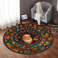 Vintage Santa Claus Christmas Rug Merry Christmas Round Carpet Baroque Holiday Retro Santa Gift Cozy Festive Living Room Mat 40x40cm black