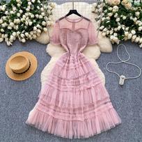 Elegant Beaded Lace-Paneled Balloon-Sleeve Tulle Dress for Women Summer Fashion Short Sleeve Slim Ruffled Splice Midi Dress 2XL