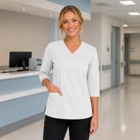Women's V-Neck Scrub Top with Pockets, Three-Quarter Sleeve, Side Slits - Uniform Top M balta