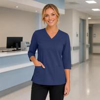 Women's V-Neck Scrub Top with Pockets, Three-Quarter Sleeve, Side Slits - Uniform Top L tamsiai mėlyna spalva