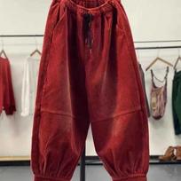 Rudeninės laisvalaikio velvetinės haremo kelnės moteriškos aukštu juosmeniu Retro laisvos moteriškos oversize mamos kelnės. XXXL raudona