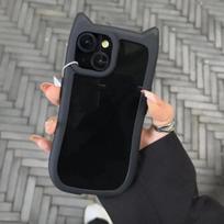 Korėja Mielas 3D Katės Ausies Skaidrus Telefono Dėklas iPhone 17 11 12 13 14 15 16 Pro Max Matinis Silikoninis Atsparus Smūgiams Apsauginis Dangtelis for iPhone 17Pro juoda