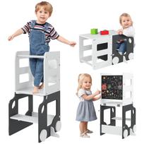4-in-1 Montessori Ladder for Children with 2 Blackboards and Table and Chair Set, Wooden, 58x46x92 cm, White