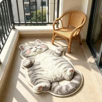 Flat Lying Grey Cat Shaped Irregular Rug Soft Non Slip Absorbent 2D Printed Bedroom Balcony Floor Mat Home Decor 50x80cm 20x31inch