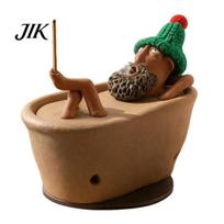 Artistic Tabletop Ornament Lazy Bath Man Incense Burner, Resin Funny Old Statue Stick Holder, Unique Zen Decor for Home Creative Desktop Decoration A beige