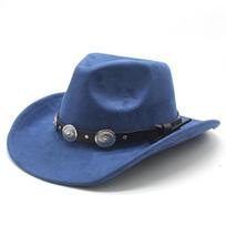 Retro Bull Head Western Cowboy Hat Men And Women, Tibetan Suede Jazz Hat, Big-Brimmed Top Hat M（56-58cm） blue