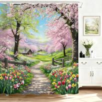 Spring Floral Shower Curtain with Pink Tulip and Peach Blossom, Colorful Flowers Bathroom Decor Polyester Set 90x180CM black