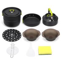 10pcs Camping Cookware Set 2L Pot Steamer 1L Pan 1.1L Kettle Portable Stackable Outdoor Cooking Kit for Hiking Picnic žalia