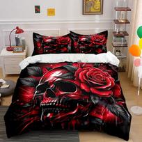 Red Skull with Rose Design Bedding Duvet Cover Set  (1*Duvet Cover 2*Pillowcases, without duvet insert) 135x200cm