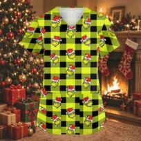 Women's V-Neck Short Sleeve Work Shirt with Pockets and Side Slits Christmas Print Top XXXXXL
