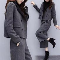 Women's Autumn and Winter Two-piece Pants Herringbone Woolen Coat Wide-leg Pants Slim Fashion Suit Women XS gray
